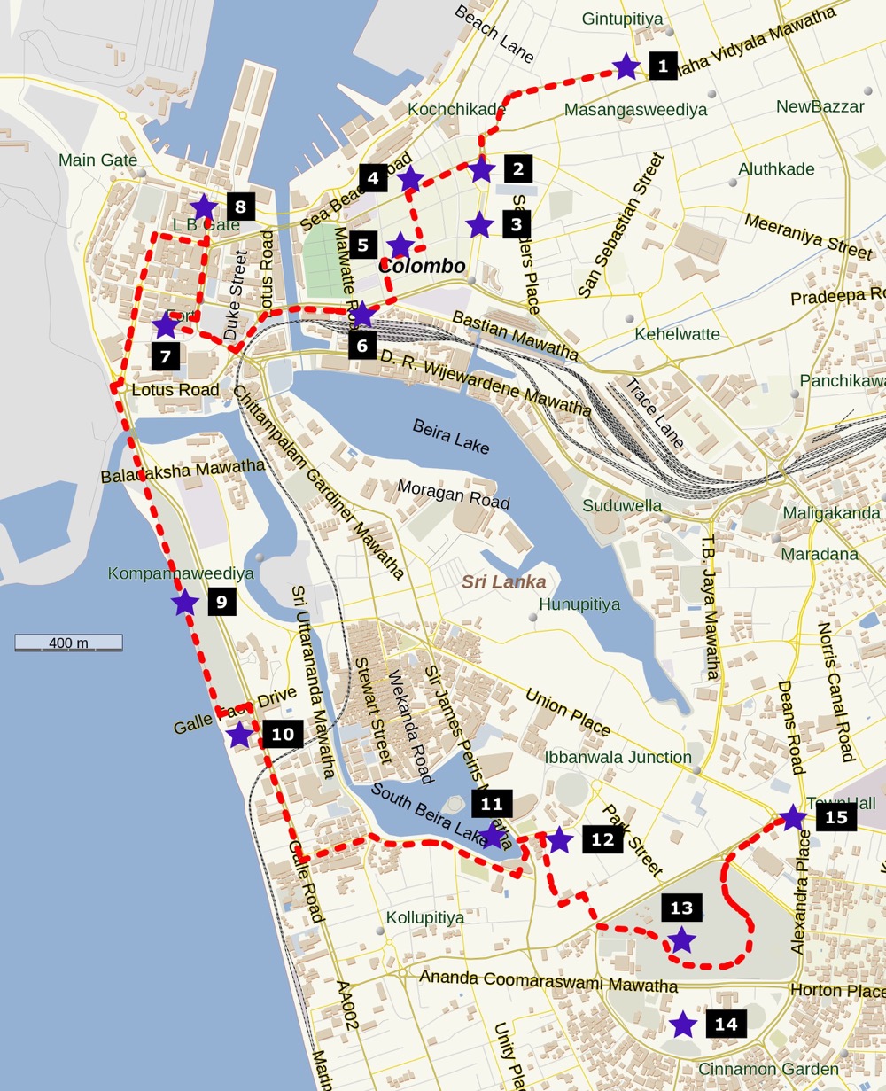 Mapka z trasą zwiedzania Colombo z przewodnika po Sri Lance.